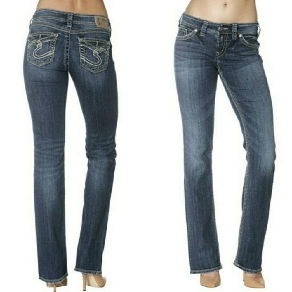Silver Jeans Suki Mid Rise Contrast Stitching Distressed Slim Bootcut Jeans EUC